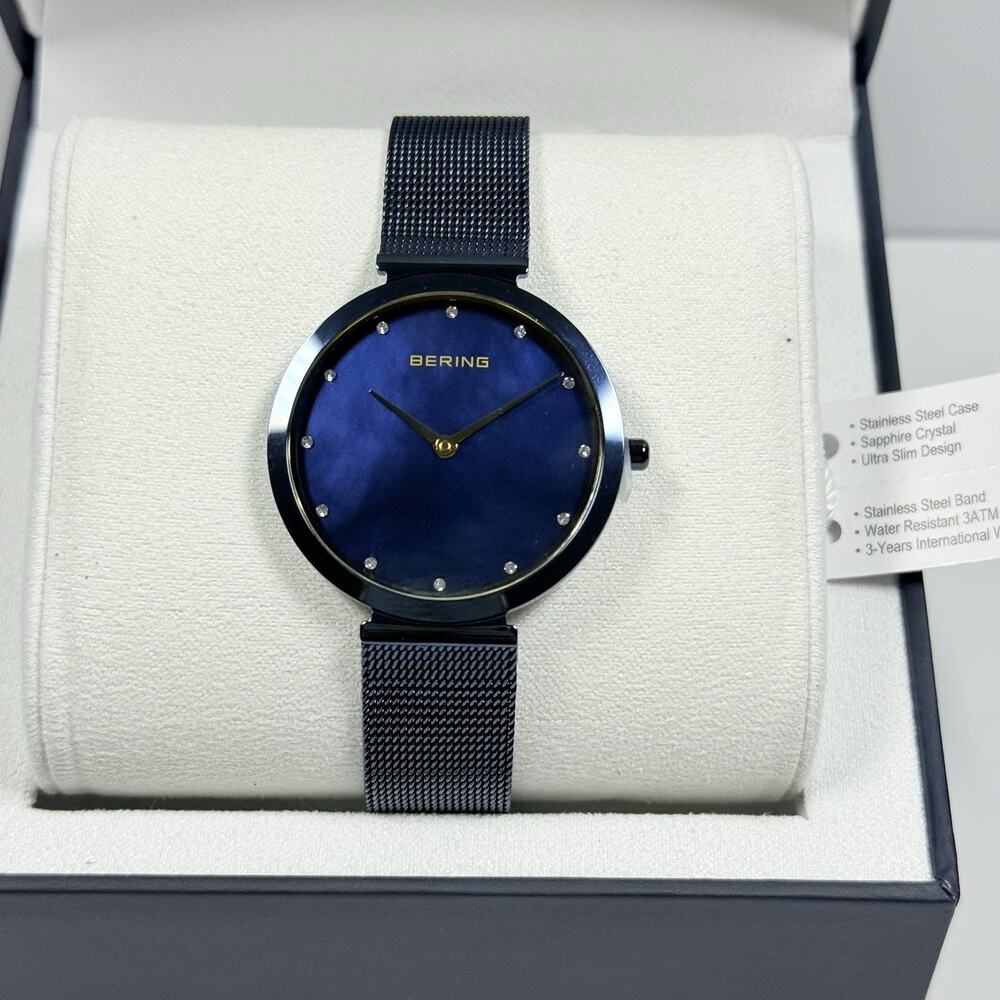 Bering Classic 18132-399 Blue MOP Dial Mesh Stainless Bracelet Women’s Watch